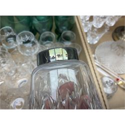 Quantity of glassware to include Mats Jonasson koala paperweight, set of six Stuart drinking glasses, seven green wine glasses with ovoid bowls, decanter, brass lamp etc