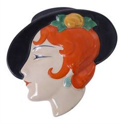  Art Deco face mask, of a lady with red hair, unmarked, H16cm