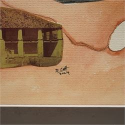 Catharina Anton Danial (Sri Lankan 1991-): 'Trinco City Map'; Mudhouse; Kettle; 'Galle Fort'; Lamp, set six watercolour and mixed media collages from 'Nostalgia' series, signed and dated 2023-2024, max 39cm x 28cm (6)
Notes: Catharina Danial is a Sri Lankan artist working with watercolour, thread, and collage to explore memory, place, and environmental change. A graduate of the University of Jaffna (BFA, 2016), she has exhibited with ARTRA Magazine, Colomboscope, and Saskia Fernando Gallery. Trinco City Map forms part of her ongoing exploration of coastal regions in Sri Lanka, drawing from field research, personal narrative, and ecological observation—particularly the impact of the economic crisis on marine life and coral ecosystems.