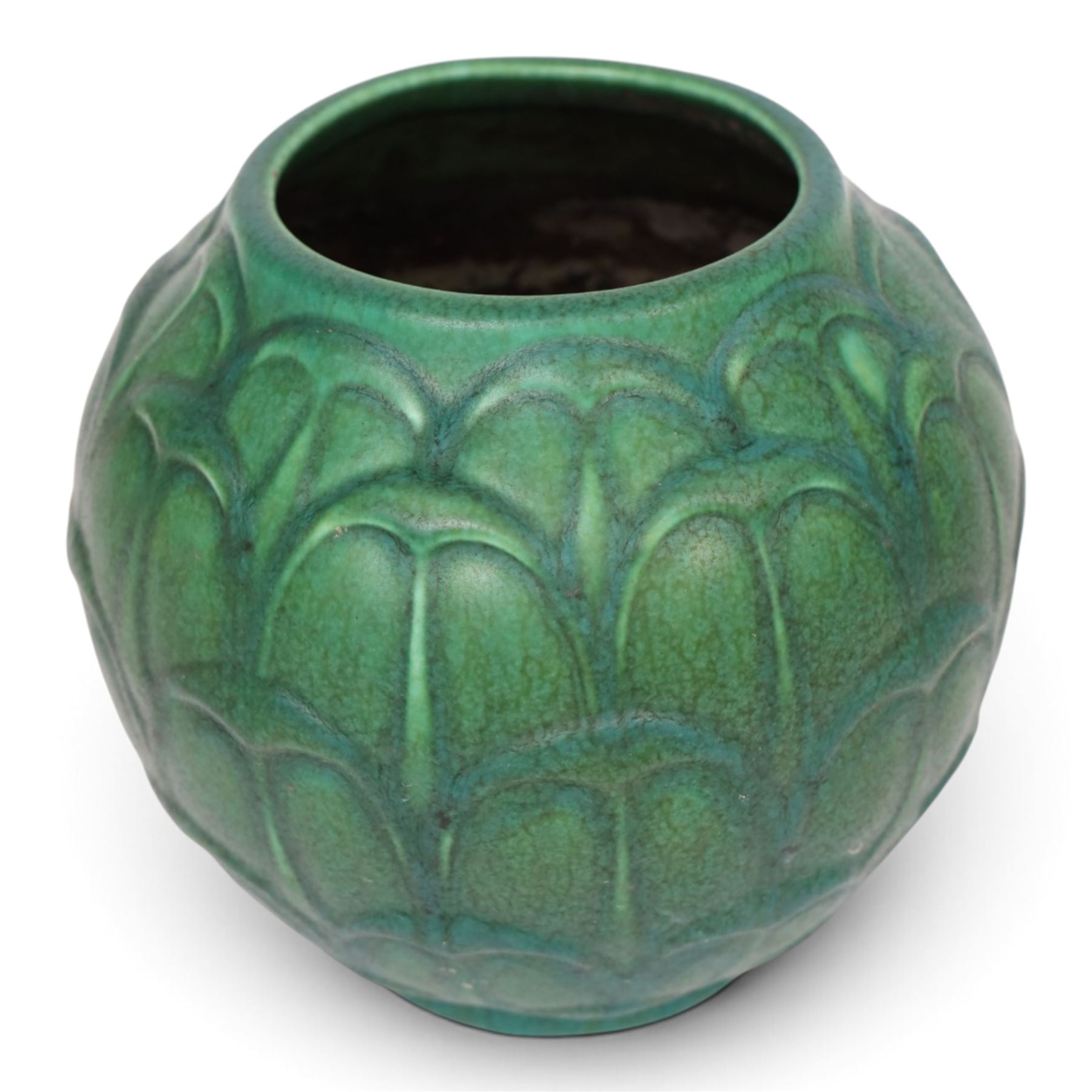Pilkington's Royal Lancastrian green vase, of bulbous form, with stylised leaf decoration, with impressed mark and number 3362 beneath, H17cm 