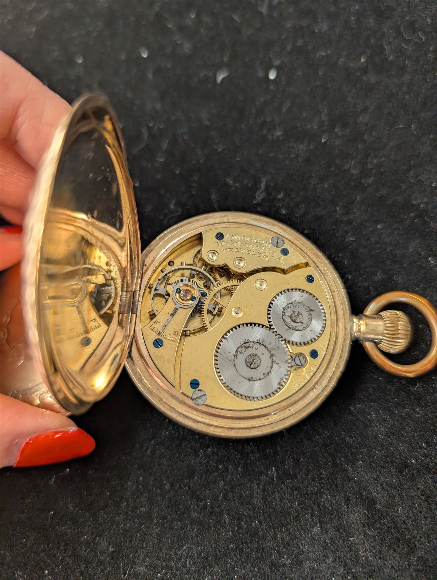 Waltham USA gold plated full hunter pocket watch, the white enamel dial with subsidiary seconds dial, the front cover engraved and embossed with blank cartouche in a floral border, the back cover engraved with stag