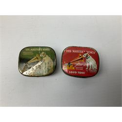 Early 20th century wind up gramophone set in a wooden case with twin door sound hole to the front and tins of 'His Masters Voice' needles