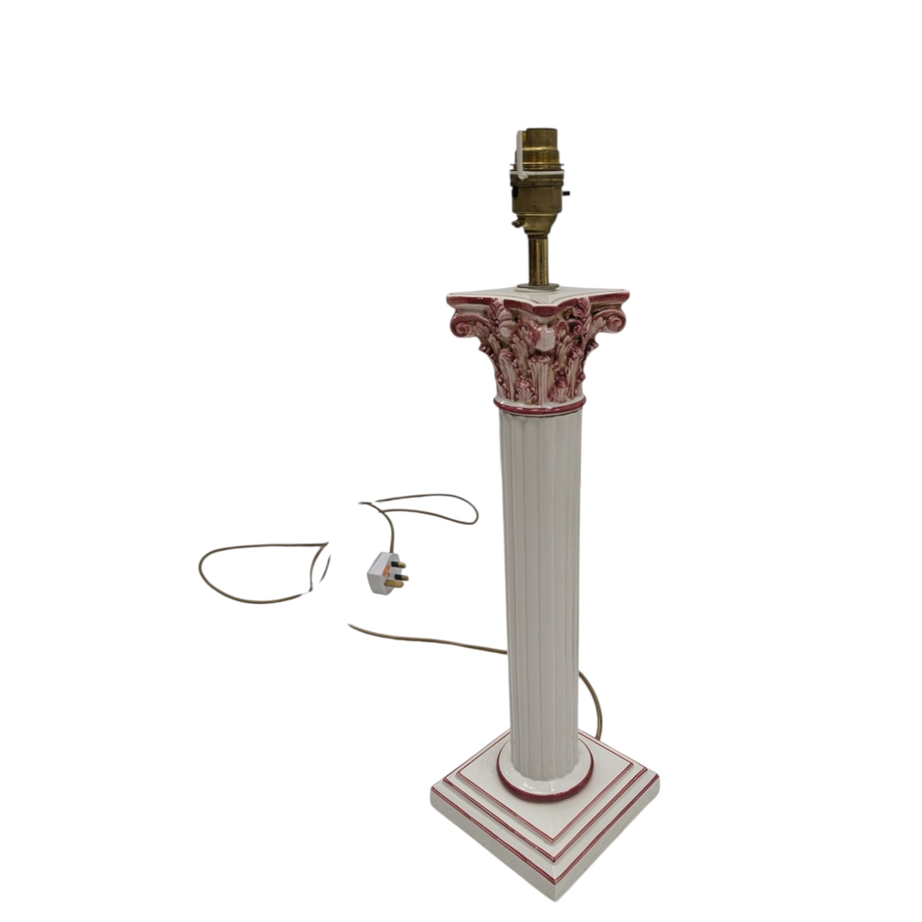 Standard lamp and matching table lamp of art nouveau design, including fittings standard lamp H161cm; together with a glass lamp and pair of table lamps formed as columns, H64cm (5)