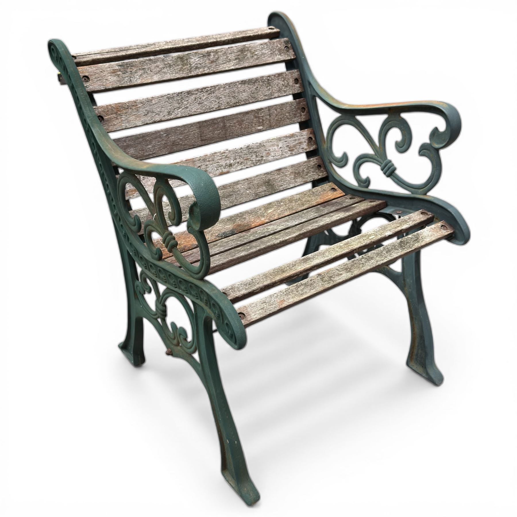 Pair of cast iron and wooden slatted chairs