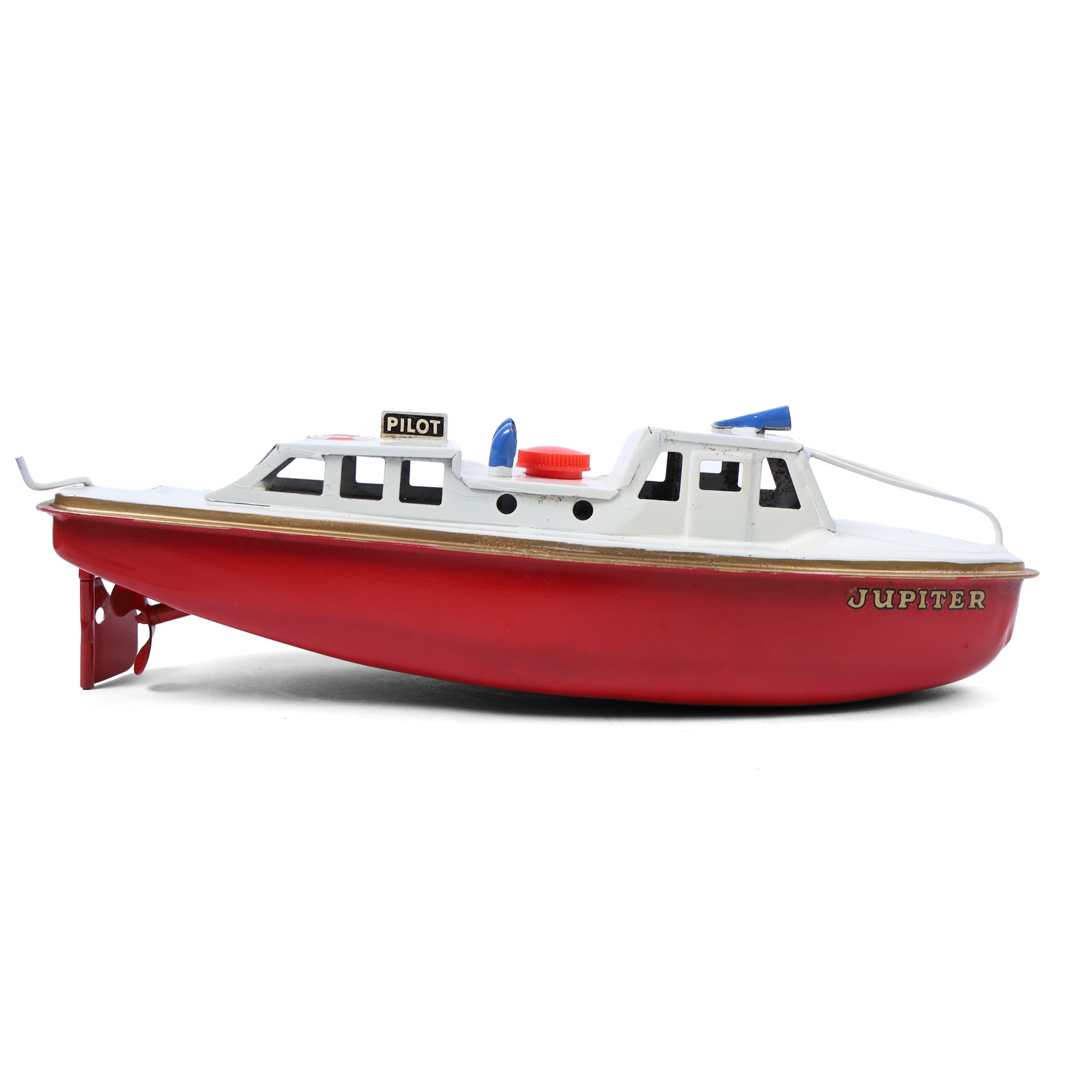 Sutcliffe Models tinplate clockwork Ocean Pilot Cruiser 'Jupiter', in red and white livery with metallic gold details, with key, boxed 
