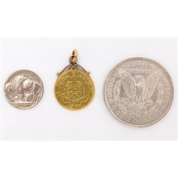  1898 South African Pond on pendant mount, 1889 Morgan dollar and a 1926 buffalo nickel  