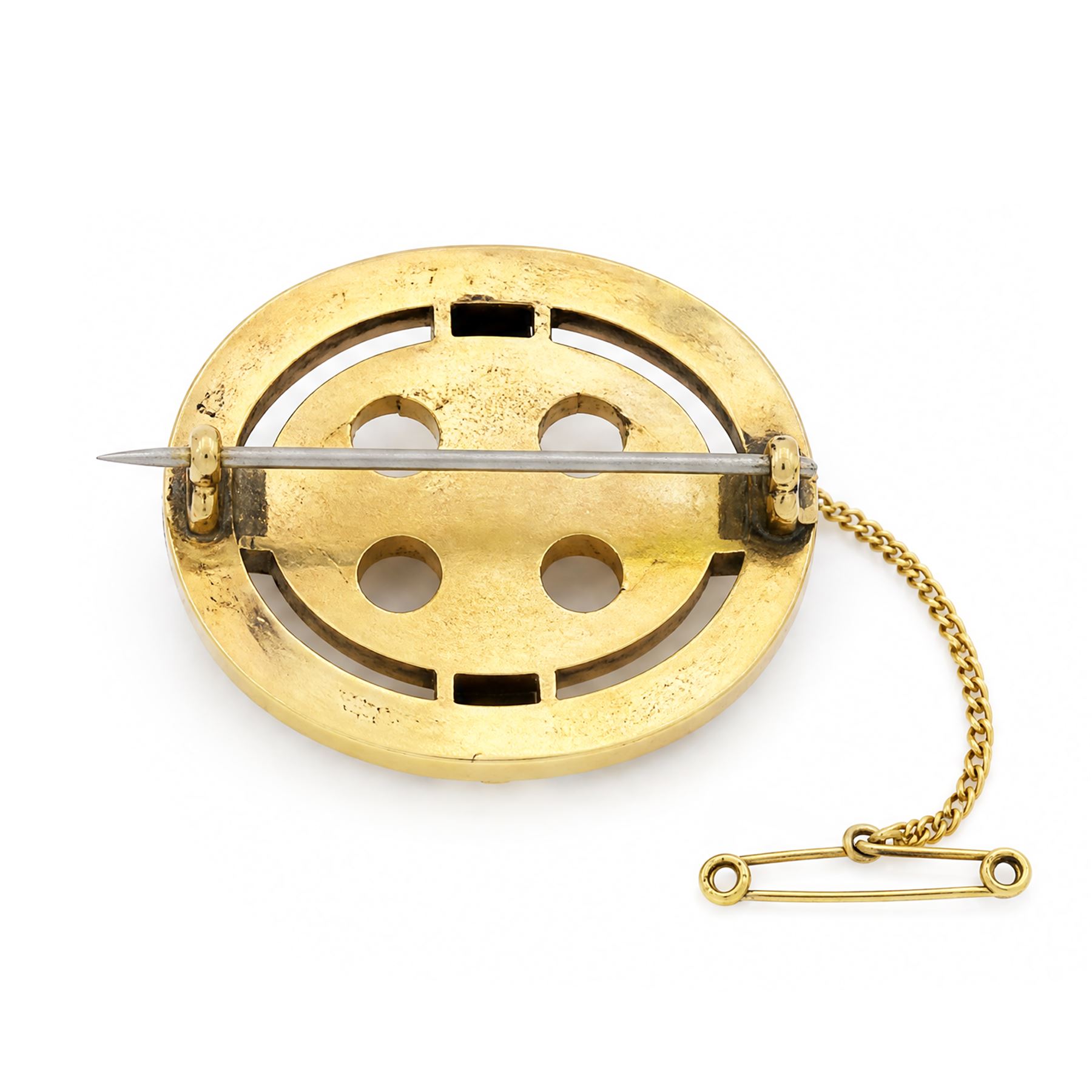Victorian gold pearl and enamel mourning brooch, set with a single split pearl in a pierced design blue enamel surround, the reverse engraved 'In memory of B.W' and dated 1881