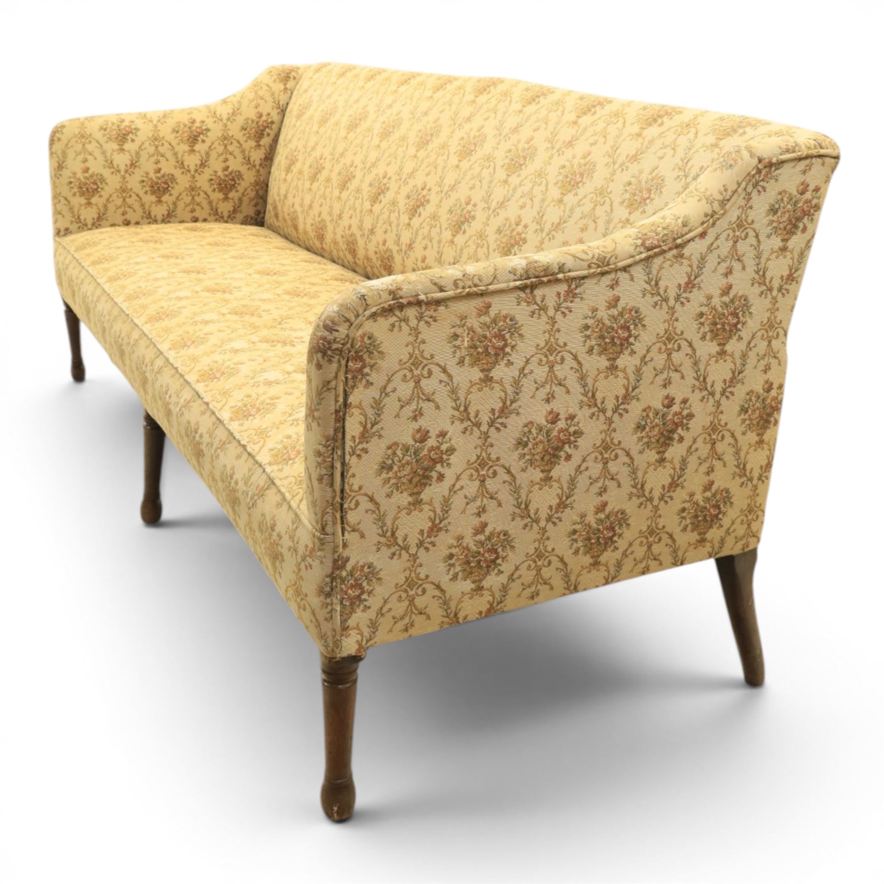 George II mahogany framed settee, beige foliate upholstery with padded sides, downswept arms with sprung seat and back, raised on six turned supports