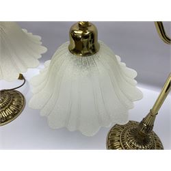 Pair of brass table lamps, with mottled glass floral shades, H52cm  