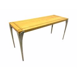 Italian maple console table, satin chrome legs, inlaid top
