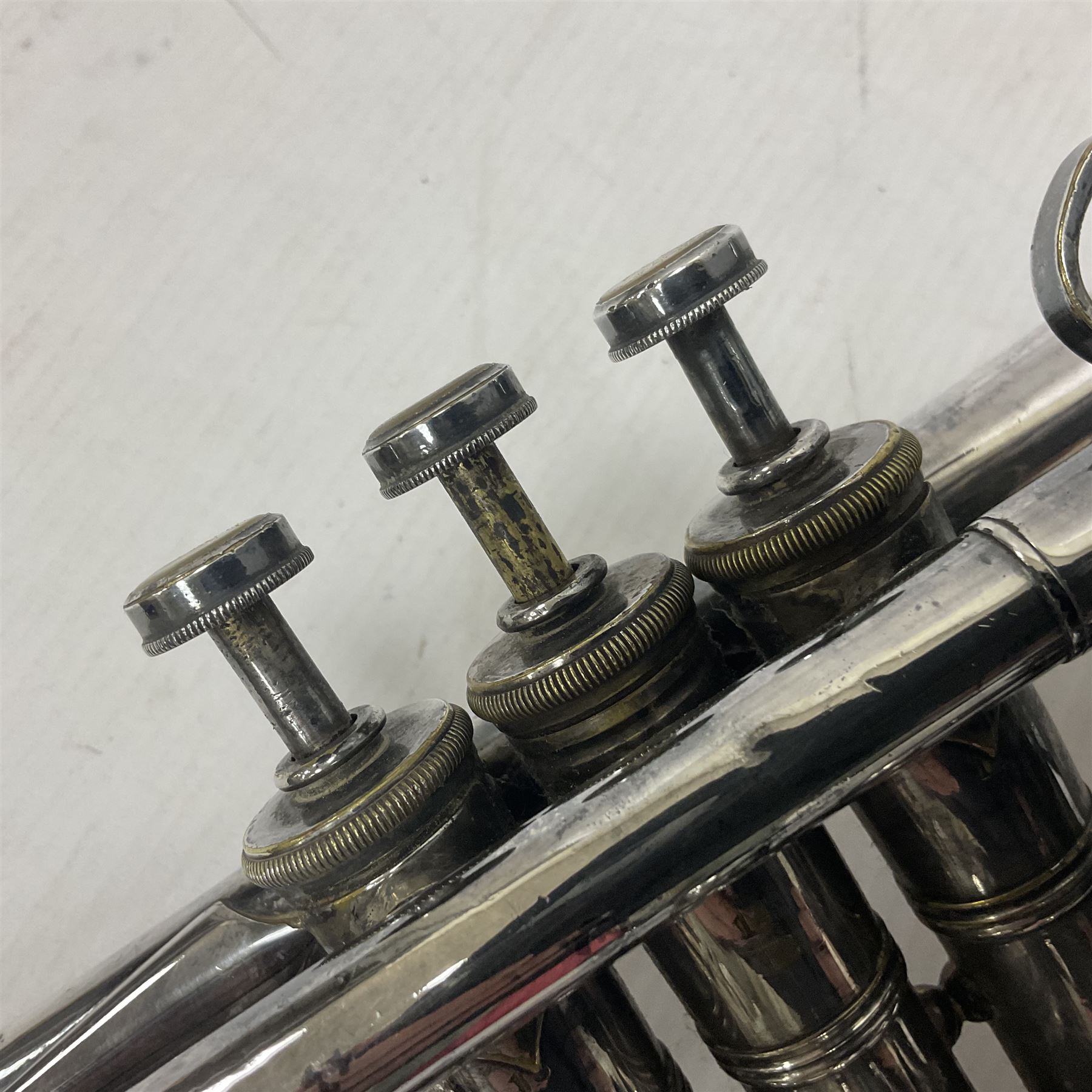 Victorian Class A silver plated trumpet retailed by Kitchen & Co,29 Queen Victoria Street Leeds, 1897 with mouthpiece/slide and in its original felt lined box
