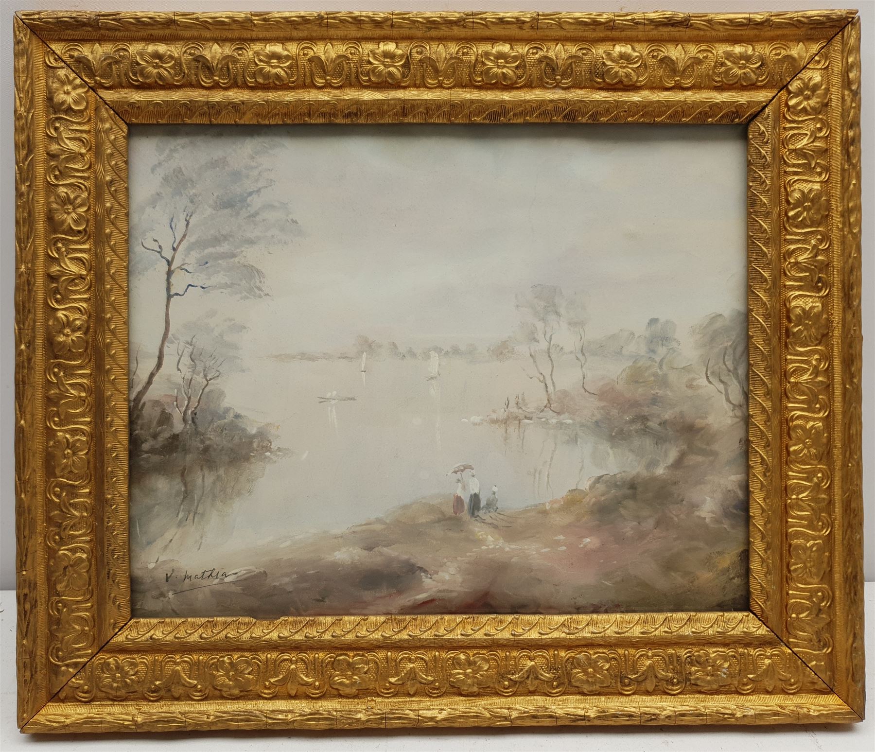 Victor Mathias (20th century): Figures by the Lakeside, gouache signed 23cm x 29cm