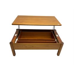 Teak rectangular coffee table, on hinged revealing compartment 