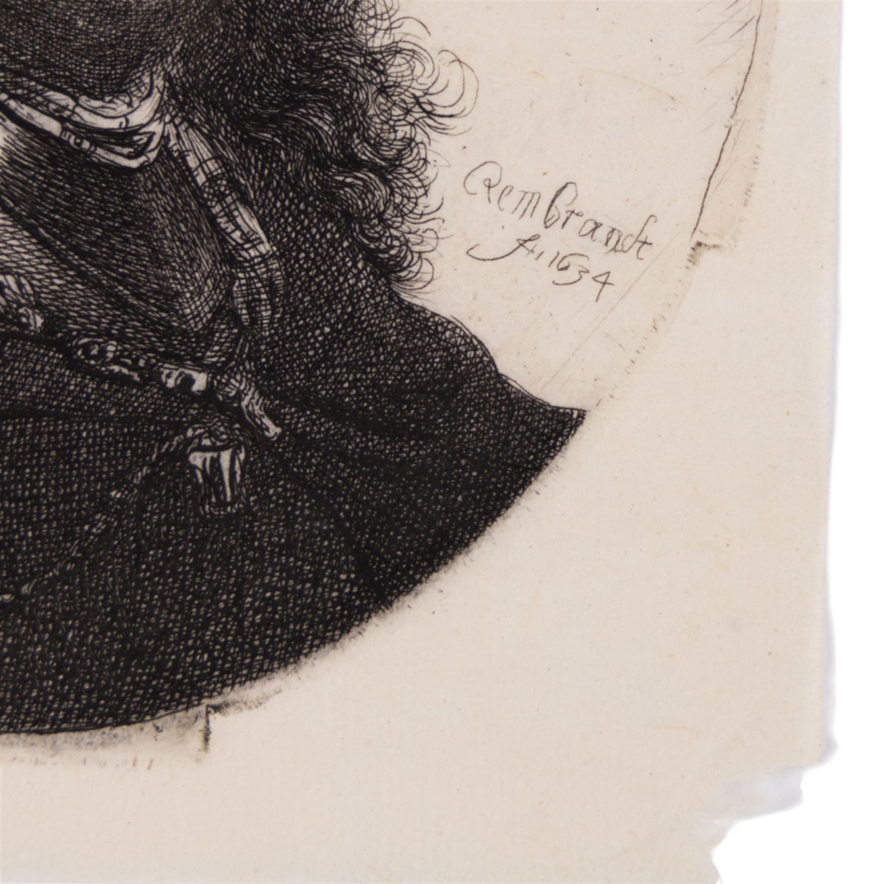 After Rembrandt van Rijn (Dutch 1606-1669): 'Self-Portrait (?) with Plumed Cap and Lowered Sabre', restrike etching 13cm x 10cm (unframed)