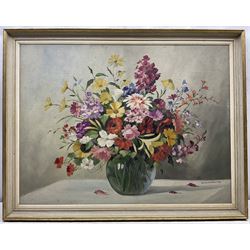Sibylle Robertin (Austrian 1898-?): Cut Flowers in a Glass Vase, oil on canvas board signed 59cm x 78cm