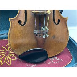 French violin c1900 labelled Guadagnini with 35.5cm two-piece maple back and ribs and spruce top, labelled 'Joannes Baptista Guadagnini Pla Centinus Fecit Mediolani 17**' L59cm overall; in hard carrying case