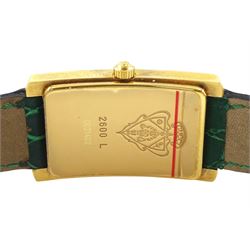 Gucci ladies gold-plated quartz wristwatch, Ref. 2600 L, silvered and green dial, on original green leather strap with gilt buckle, boxed