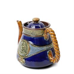 Royal Doulton stoneware Lord Nelson commemorative three piece tea set modelled in low relief with Victory and Nelson portrait with rope twist handles height of tea pot 13cm, Copeland late Spode coffee pot with relief moulded decoration and a similar jug