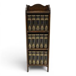 Small Edwardian mahogany open bookcase with Charles Dickens books, oak bookcase with galle...