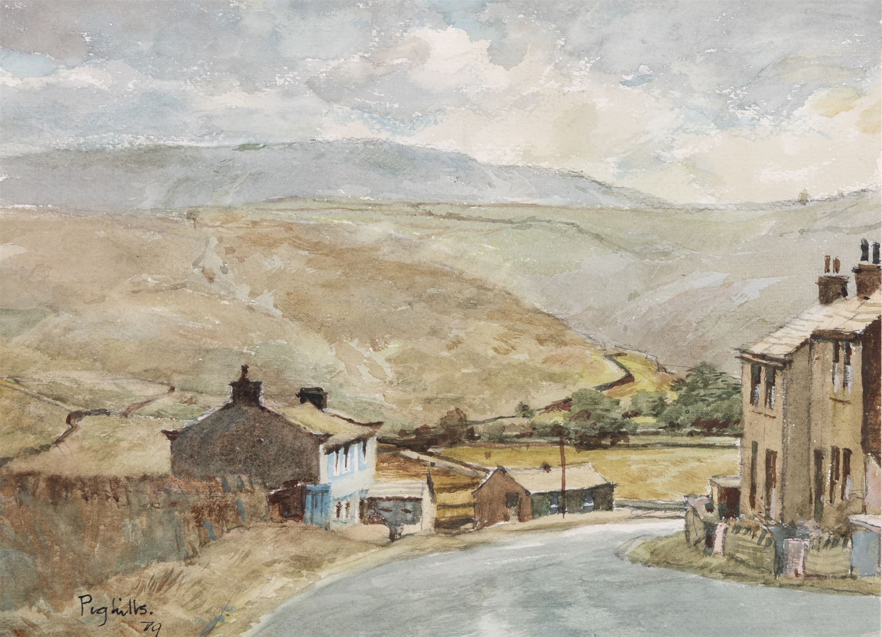 Joseph Pighills (British 1902-1984): 'Nab Hill and Nan Scar - Oxenhope', watercolour signed and dated '79, titled verso 25.5cm x 35cm; George 'Griff' Griffiths (British 1939-2017): 'Arthington Near Otley', watercolour signed, titled verso 22.5cm x 33.5cm (2)