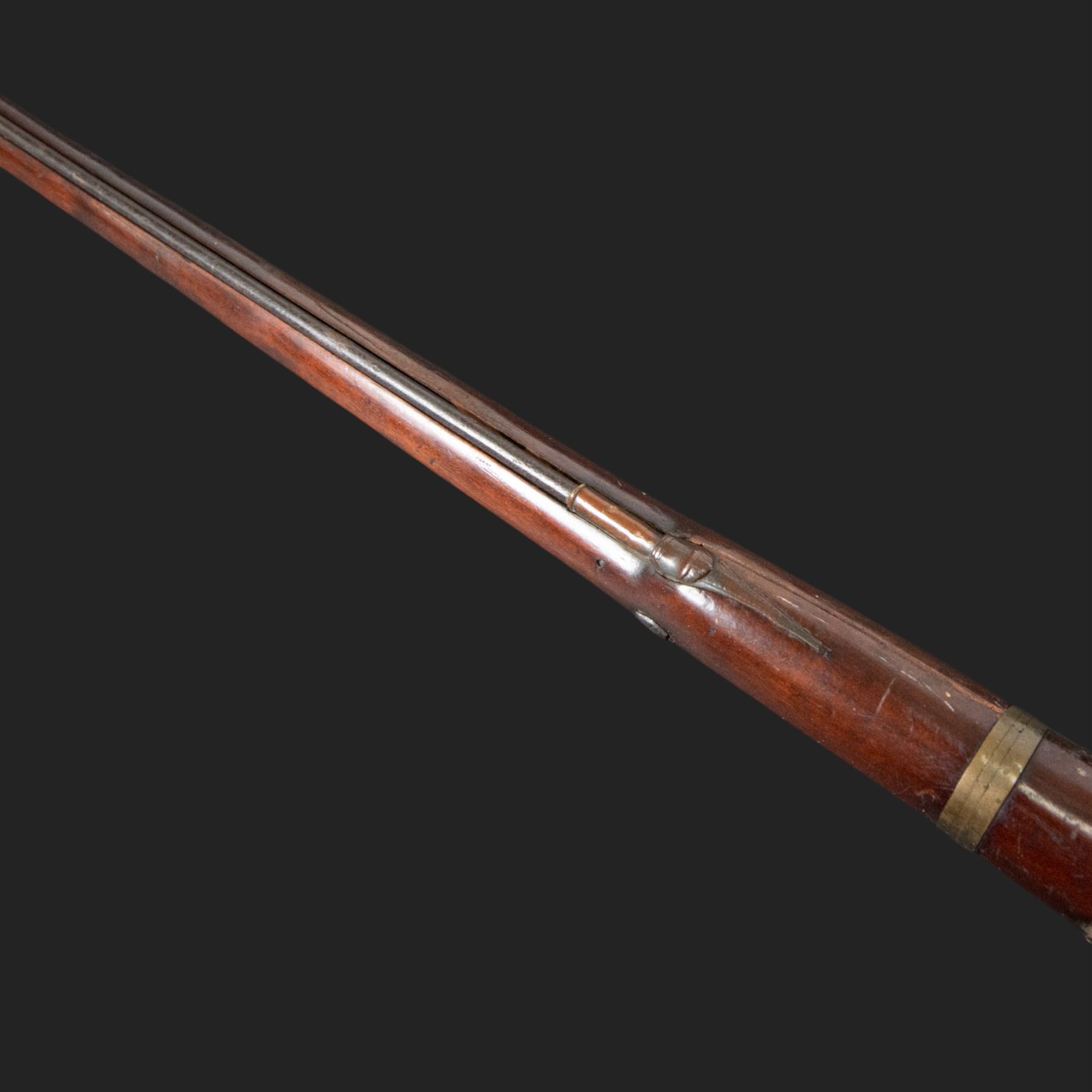 19th century Indian Brown Bess style flintlock musket, the 138cm round steel barrel ram rod beneath, overall L174cm