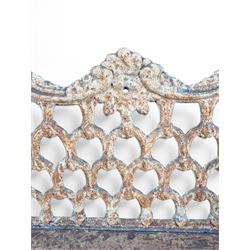 Victorian revival Carron Foundry design heavy cast iron two seat garden bench, scrolled arms with pierced lattice seat, finished in antique white paint