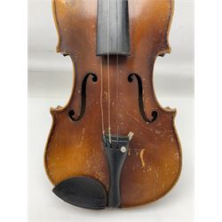 Czechoslovakian violin c1920 with 36cm two-piece maple back and ribs and spruce top, bears label 'Copy of Antonius Stradivarius Made in Czechoslovakia' L59cm; in carrying case; 1950s Czechoslovakian violin; and 195os Czechoslovakian three-quarter size violin; both cased (3)