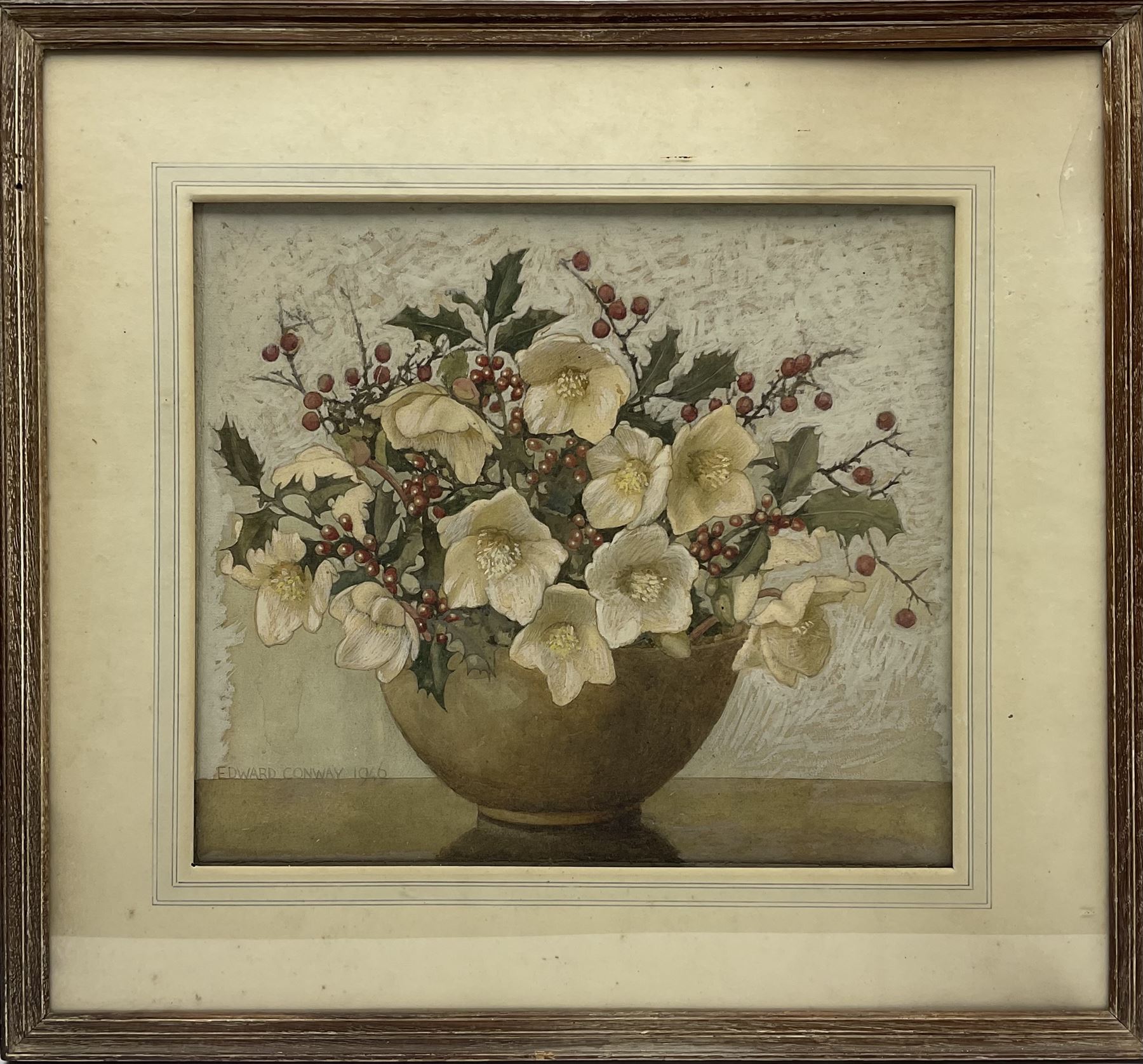 Harold Edward Conway (Staithes Group 1872-1949): Christmas Roses with Holly, watercolour signed and dated 1946, 34cm x 39cm
Provenance: Conway was a friend of the vendor's grandparents who lived in Burford, Oxfordshire, where the artist spent most of his life