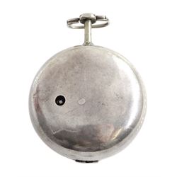 George III silver repousse pair cased verge fusee pocket watch by Samson, London,  No. 20384, square baluster pillars, the enamel polychrome dial depicting a sailor and sweetheart saying farewell, Roman hours and outer Arabic minute ring, inner case by James Richards, London 1793, the outer case depicting figures in an interior setting, with scroll borders interior scene makers mark T.P possibly Thomas Pepper