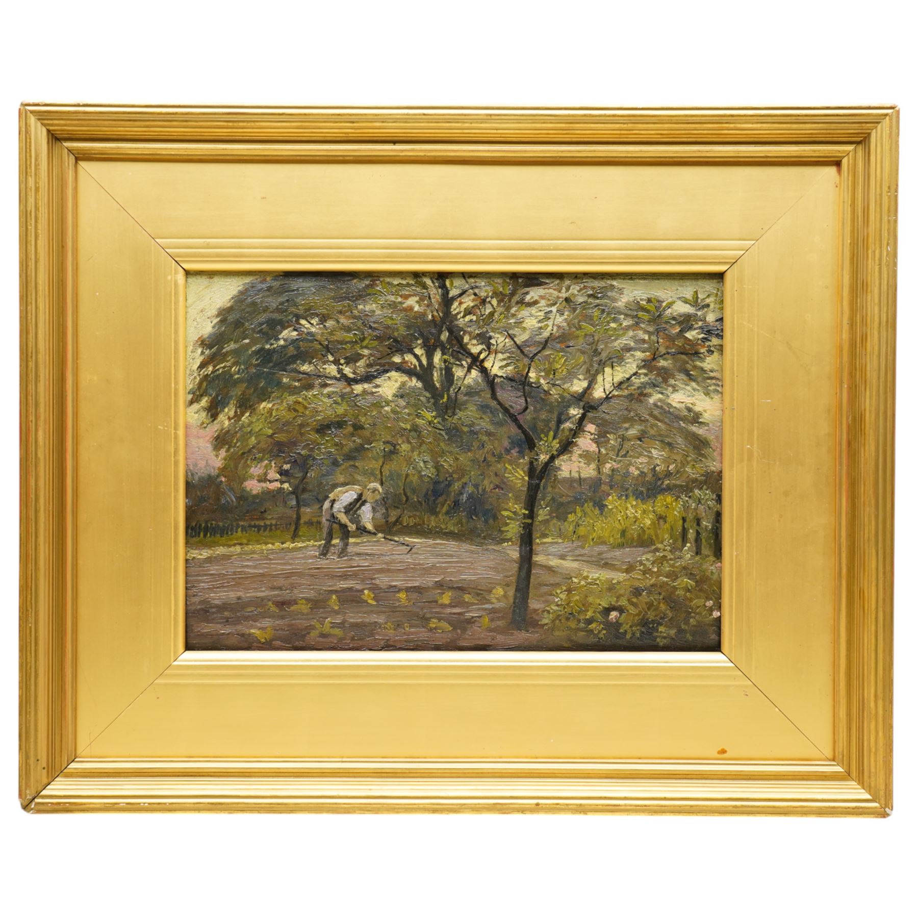 William Bagnall Gelder (British 1869-1929): Country Lane with Houses, oil on canvas signed 29cm x 39cm; English School (Early 20th century): Ploughing the Field, oil on panel unsigned 25cm x 36cm (2)
