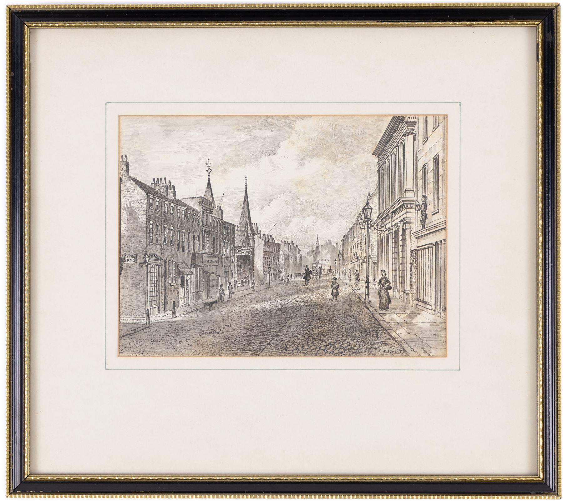 Frederick Schultz Smith (Hull 1860-1925): 'View of Saville Street' and 'View of Osborne Street & Freemans Hall' Hull, two monochrome watercolours and ink signed, titled verso 12cm x 17cm (2)