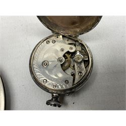 Three silver cased open face pocket watches, together with two other watches, horn pendent etc 