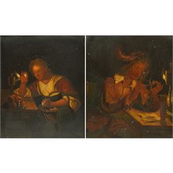Follower of Godfried Schalcken (Dutch 1643-1706): Interior Scenes - Girl Examining Eggs by...