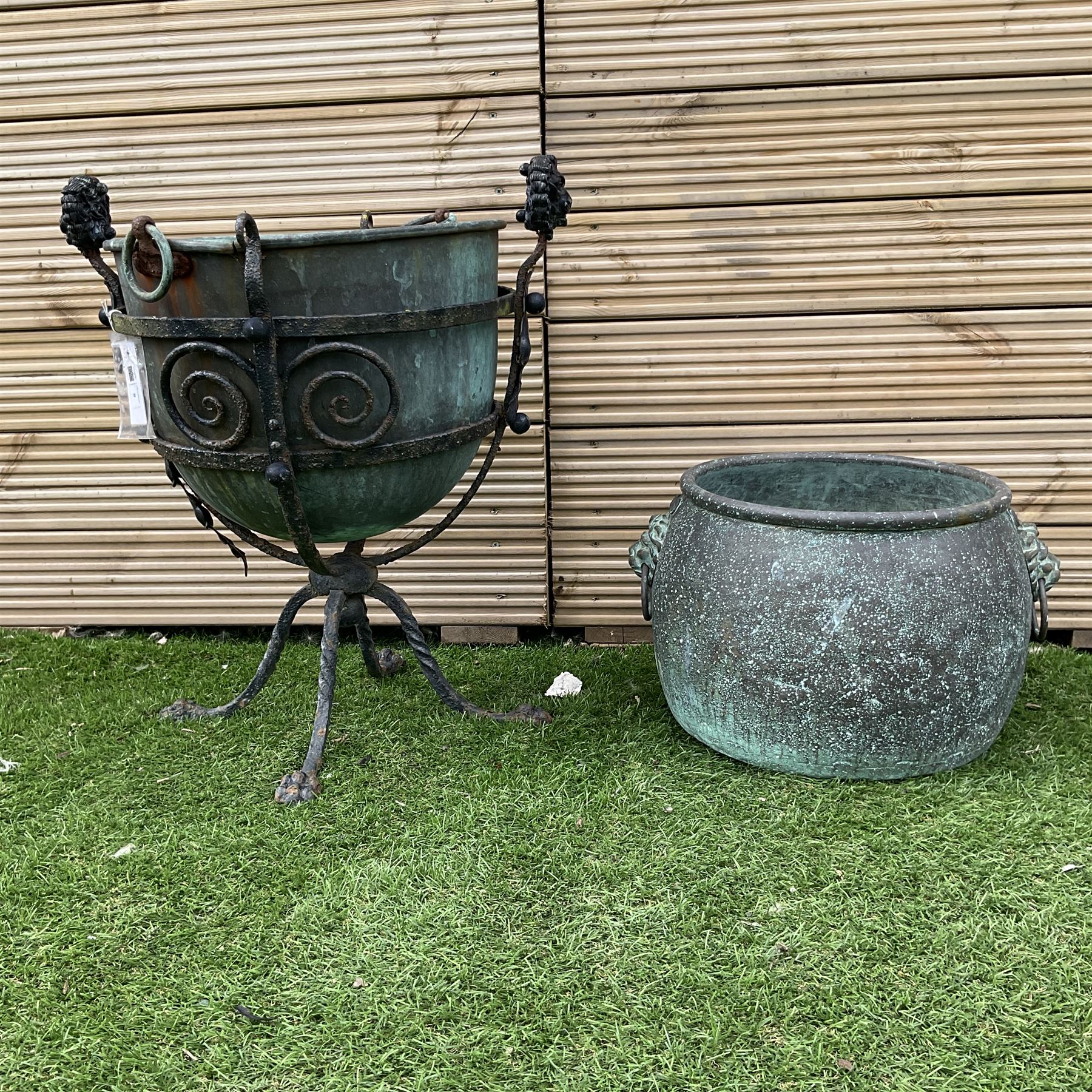 Small wrought metal garden planter with liner, circular cooking pot with lion handles - THIS LOT IS TO BE COLLECTED BY APPOINTMENT FROM DUGGLEBY STORAGE, GREAT HILL, EASTFIELD, SCARBOROUGH, YO11 3TX