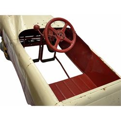 1950s child's tin-plate pedal car, possibly by Tri-ang, painted white and red and named 'Crusader' L104cm
