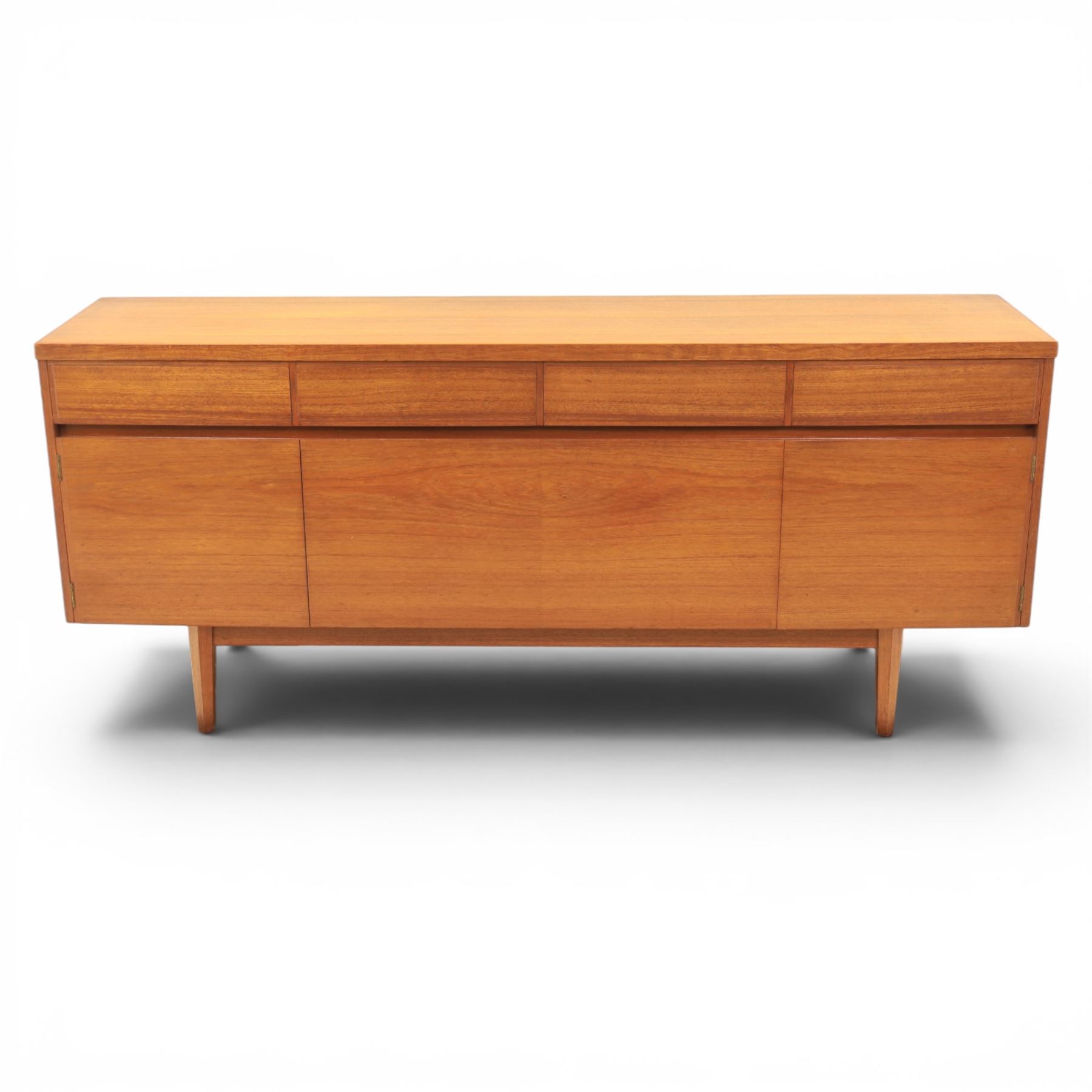 Mid-20th century teak sideboard, rectangular top above four frieze drawers with recessed handles, flanked by two cupboard doors with fall front central media cupboard