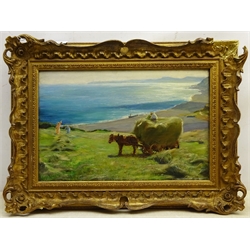 Arthur A Friedenson (Staithes Group 1872-1955): Haymaking above Runswick Bay, oil on canvas signed and dated '94, 30cm x 46cm

