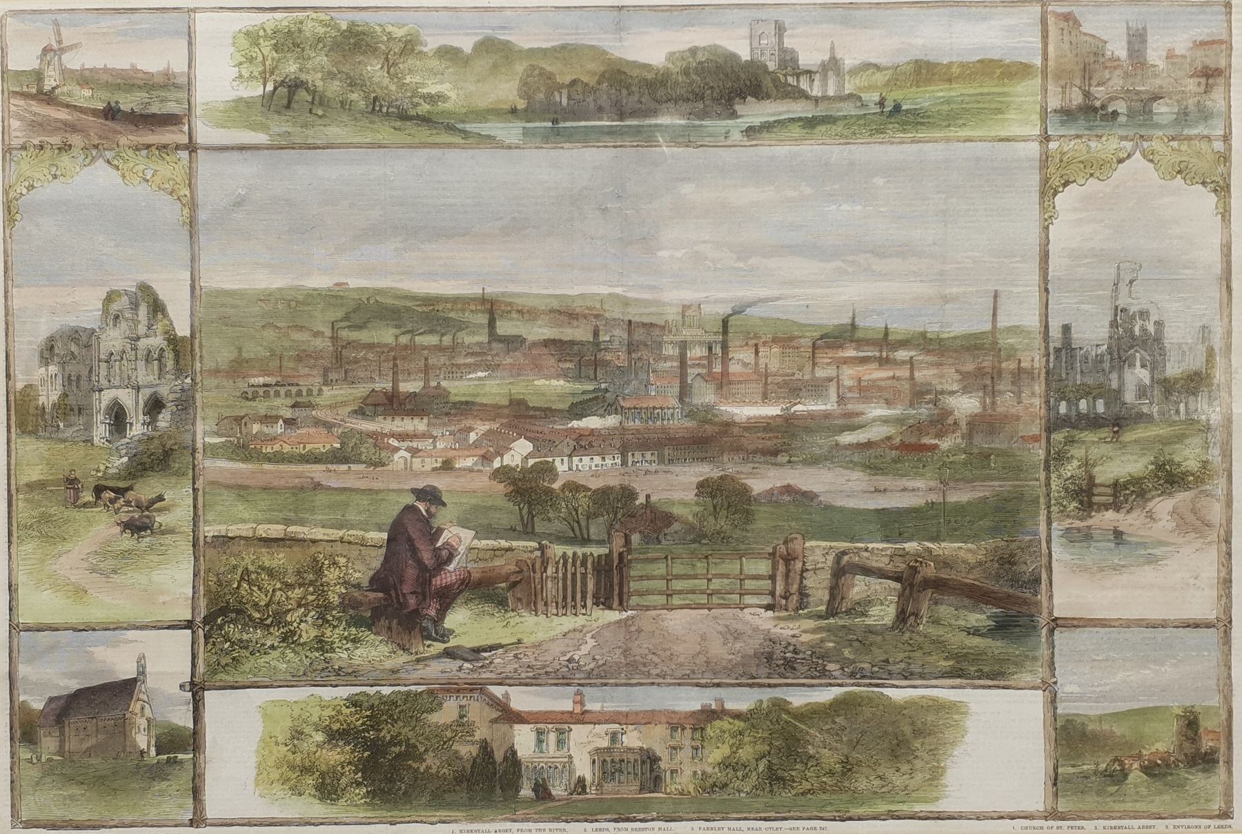 John Scott (British 1774-1827) after JMW Turner (1775-1851): Harewood House, hand-coloured engraving pub. 1816; 'The Queen's Visit to Leeds', hand-coloured engraving pub. Illustrated London News, 1858; and a further hand-coloured engraving of Harewood House, max 36cm x 54cm (3)