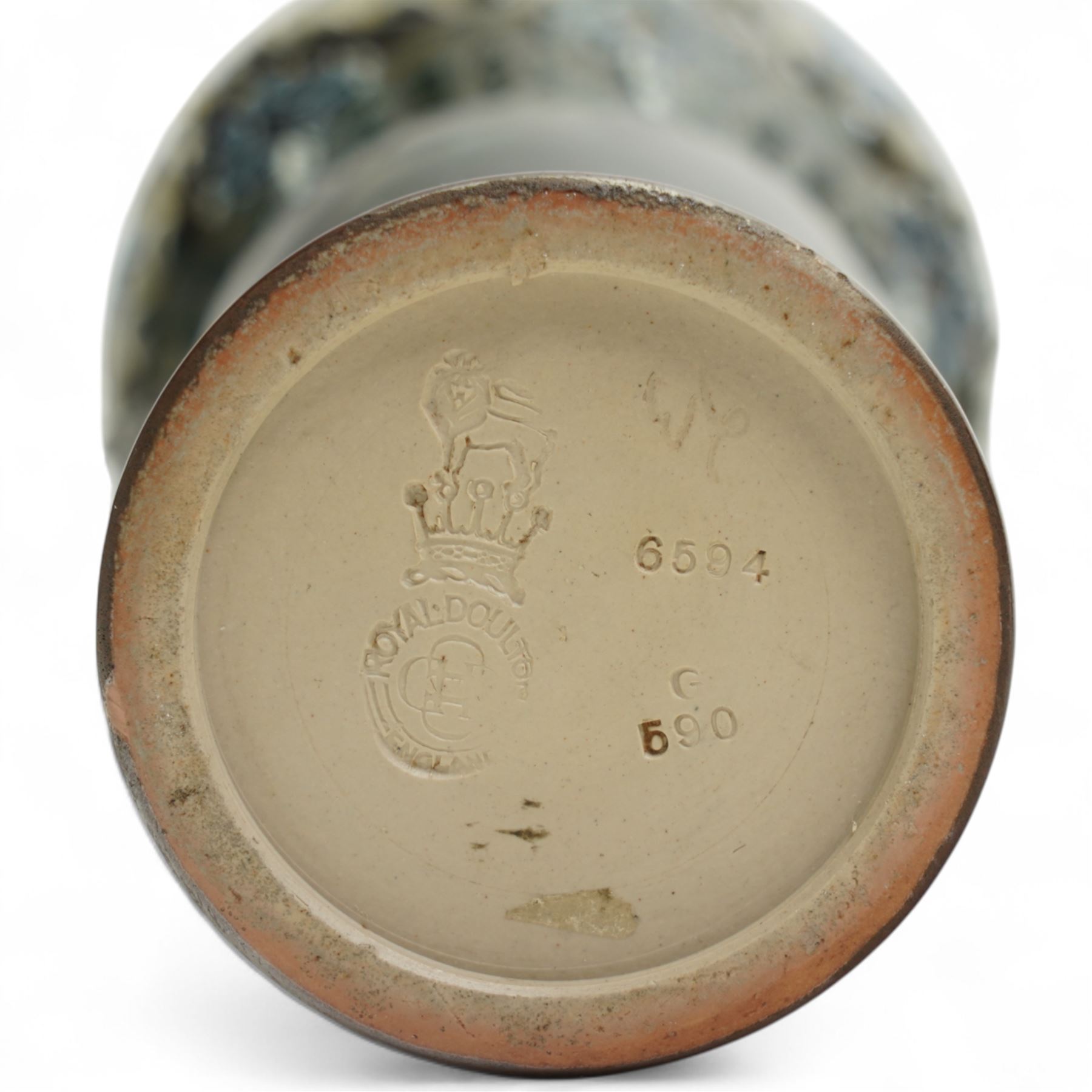 Pair of Royal Doulton stoneware vases, of baluster form with bulbous neck, with trailing white flowers and blue panel decoration, impressed mark and signature to base, 26cm (2)