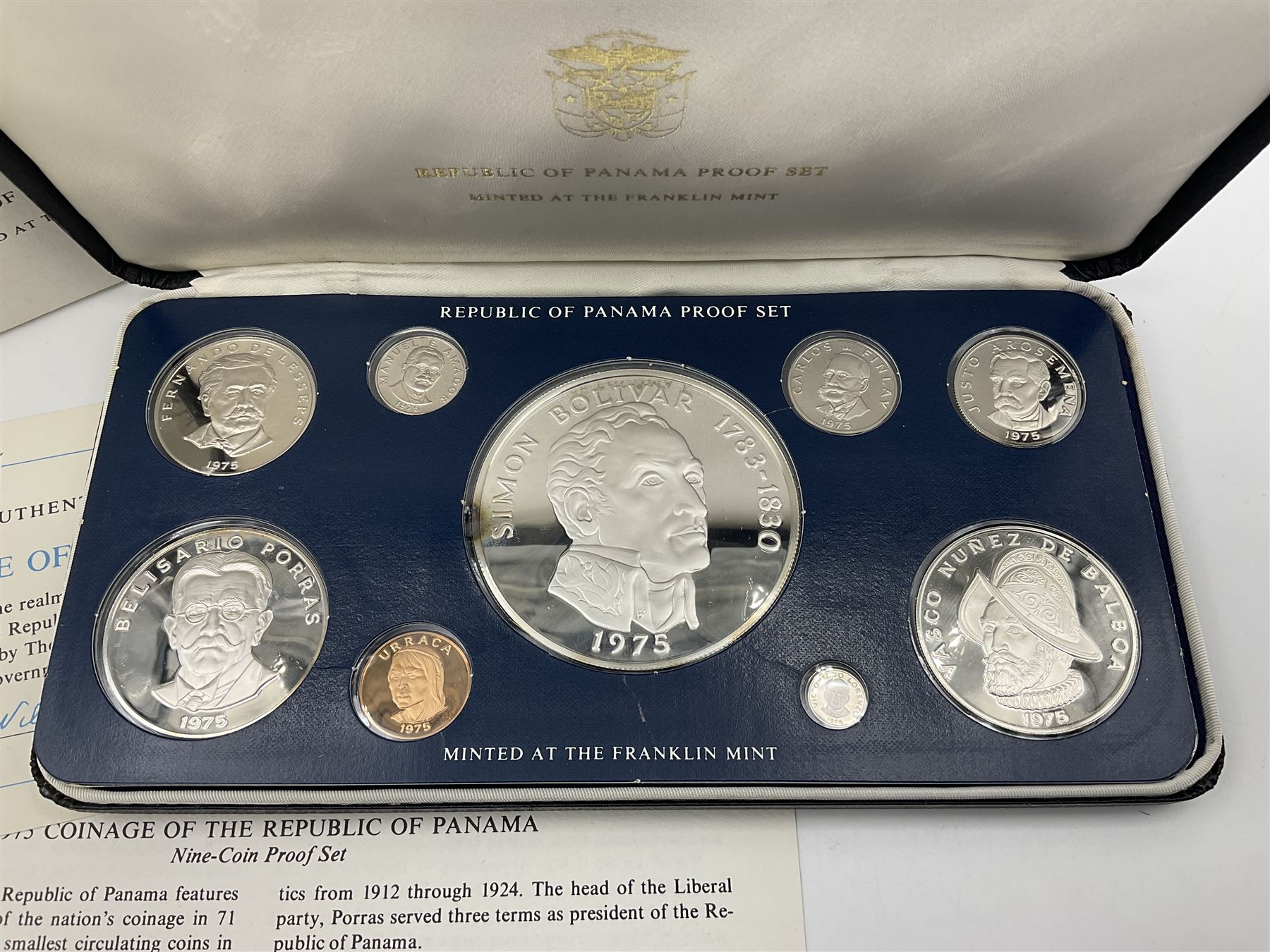Republic of Panama 1975 proof nine coin set, from two and a half centesimos to twenty balboas, minted at The Franklin Mint, cased with certificate