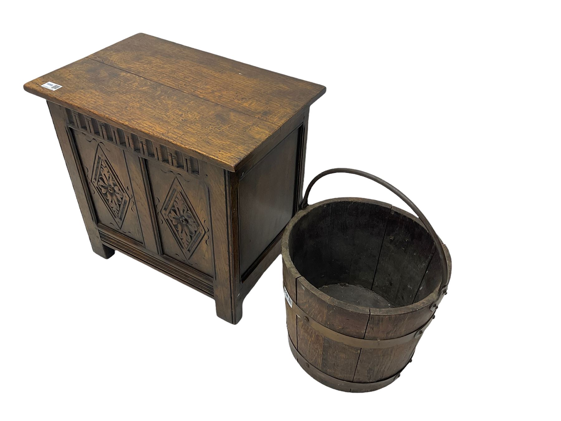Tudor style oak coal type box with hinged top, with tin liner; and a coopered bucket (2)