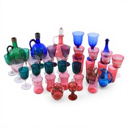 Group of Victorian and later coloured glassware, to include Victorian blue glass flagon, a...