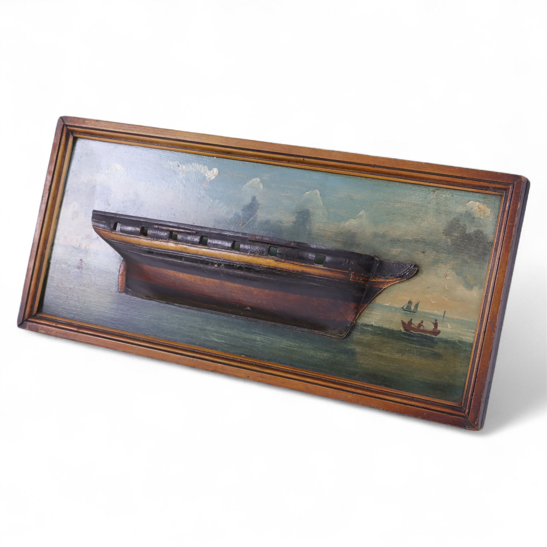 20th century half block diorama of a coble, painted within a seascape beneath a cloudy sky, H24cm, W54cm