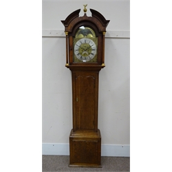  19th century oak cased longcase clock, arched brass dial with subsidiary seconds and date aperture, signed James Todd Bradford, 8 day movement striking the hours on a bell. H227cm  