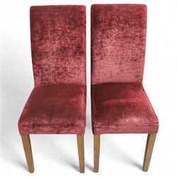 Willis & Gambier - mahogany extending dining table, rectangular top with rounded corners on cabriole legs, with two 35cm extension leaves, four Willis & Gambier upholstered high back chairs and four mahogany chairs, upholstered in a stripped multi-coloured velvet fabric, with scroll-shaped top rail, lyre-shaped back splat on cabriole legs, chairs W46xD91x97cm (11) 