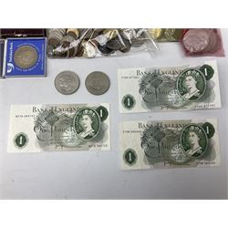 Great British and World coins including Queen Victoria 1887 and 1888 double florins, King George V 1929 halfcrown, King George VI 1951 Festival of Britain crown, commemorative crowns, Queen Elizabeth II 1953 nine coin set in blister pack, 1989 and 1995 two pound coins, various pre-decimal pennies and other coinage