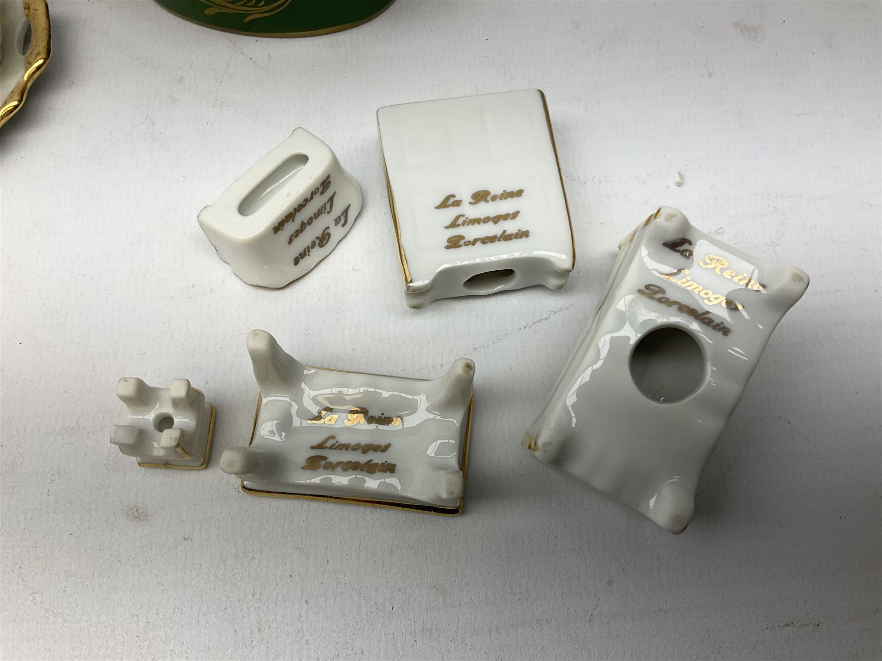 Limoges La Reine miniature furniture to include two chairs and table set, wardrobe etc, Limoges lidded boxes to include Bernadaud example, Limoges miniature tea service on tray, other boxes and miniatures to include Spode twin handled loving cup etc
