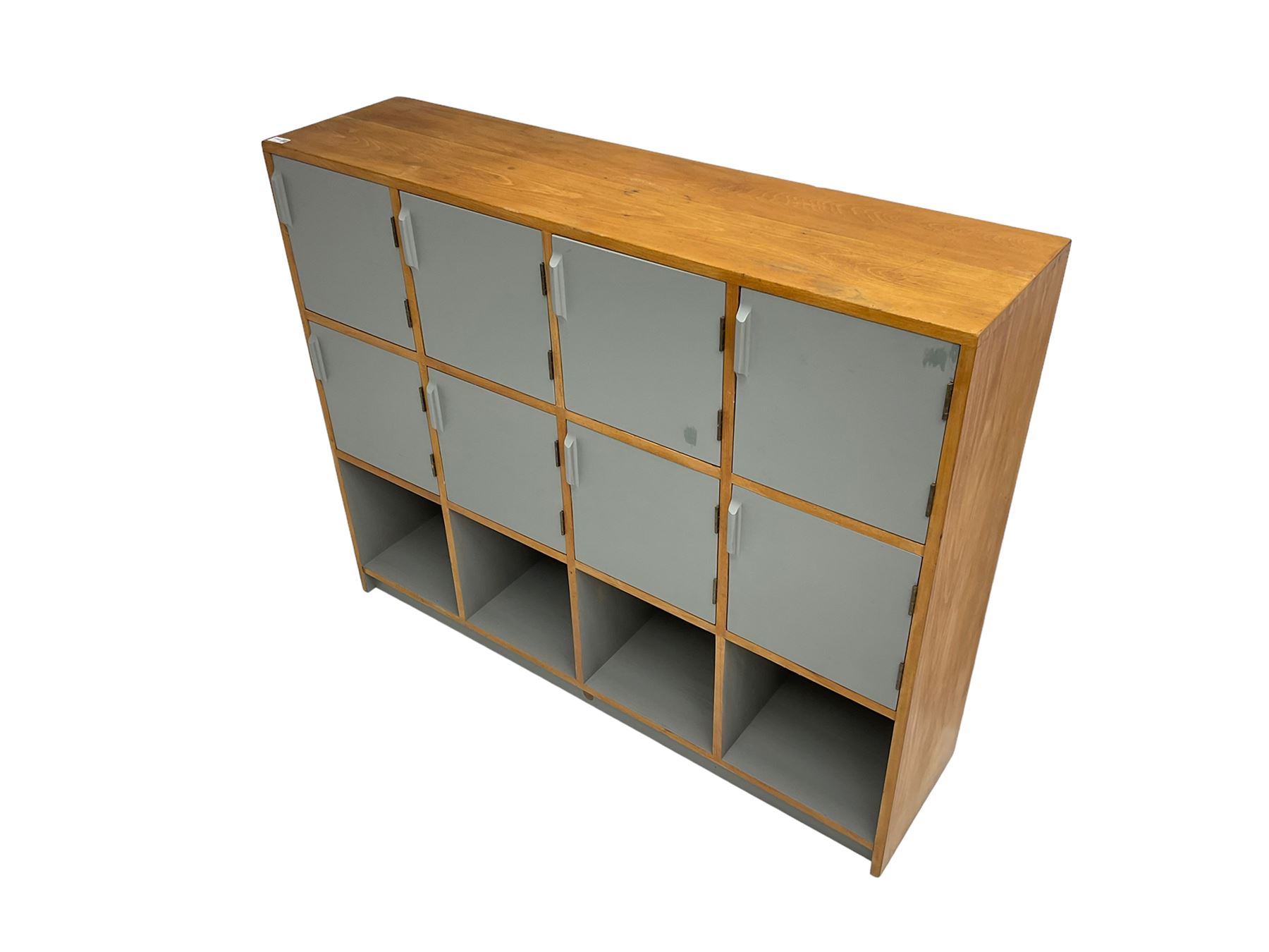 Esavian - mid-20th century school gym locker, fitted with eight cupboards and four open compartments