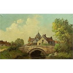 Continental School (Early 20th century): Village with Stone Bridge, oil on canvas unsigned 44cm x 70cm