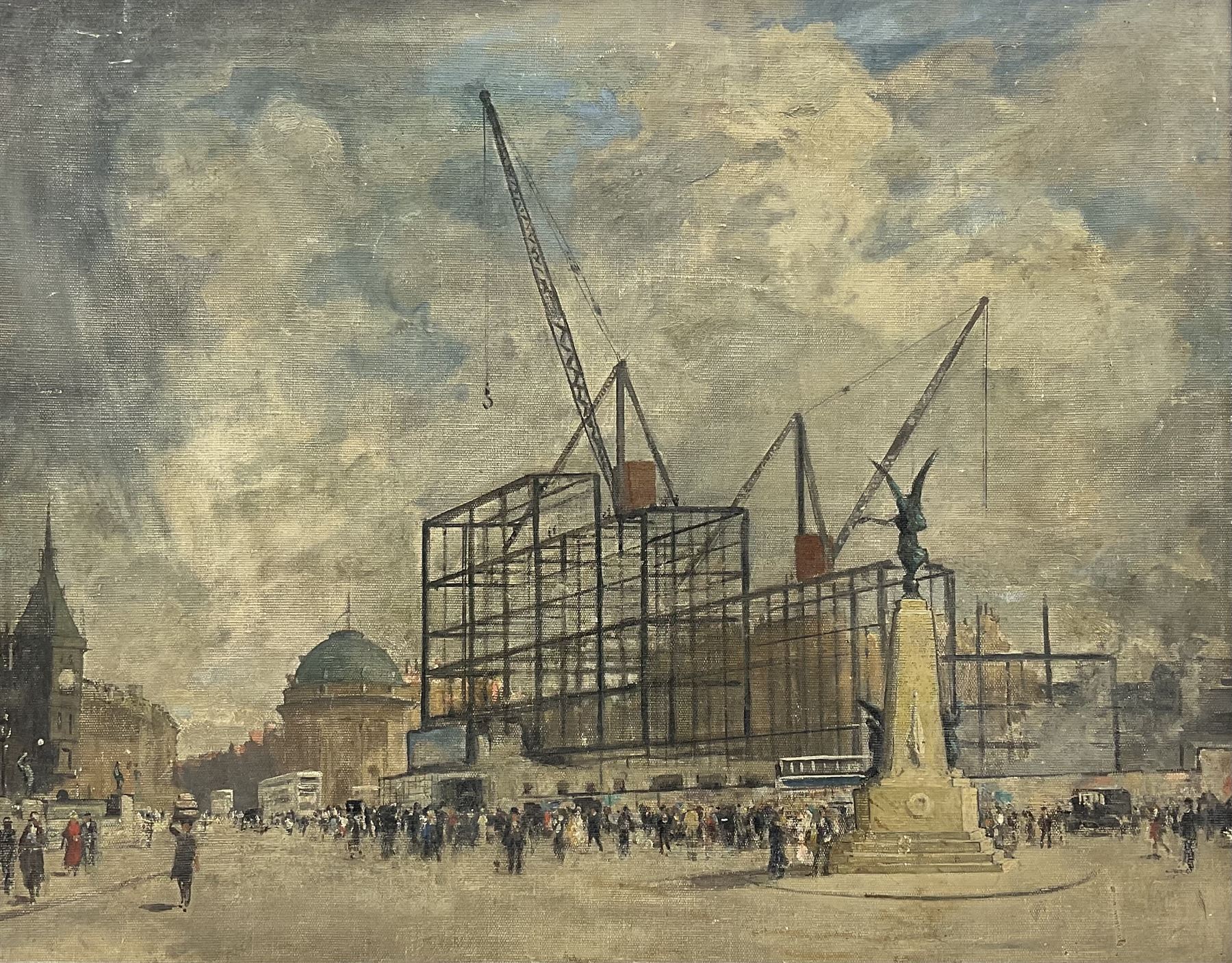 English School (Early 20th century): The Construction of the Queen's Hotel Leeds, oil on canvas unsigned 60cm x 75cm
Notes: The first railway hotel on this site was opened in 1863 for the Midland Railway. The Midland Railway was taken over by the London, Midland and Scottish Railway and in 1935 it was decided to demolish the old building and build a grand new one. This was officially opened on 12 November 1937, by the Princess Royal and Lord Harewood. The architect was W. H. Hamlyn 